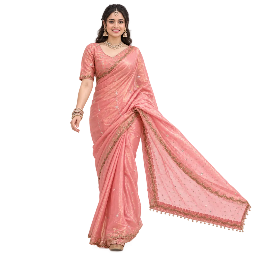 Salmon Pink Designer Fendy Silk Saree with Heavy Hand Work