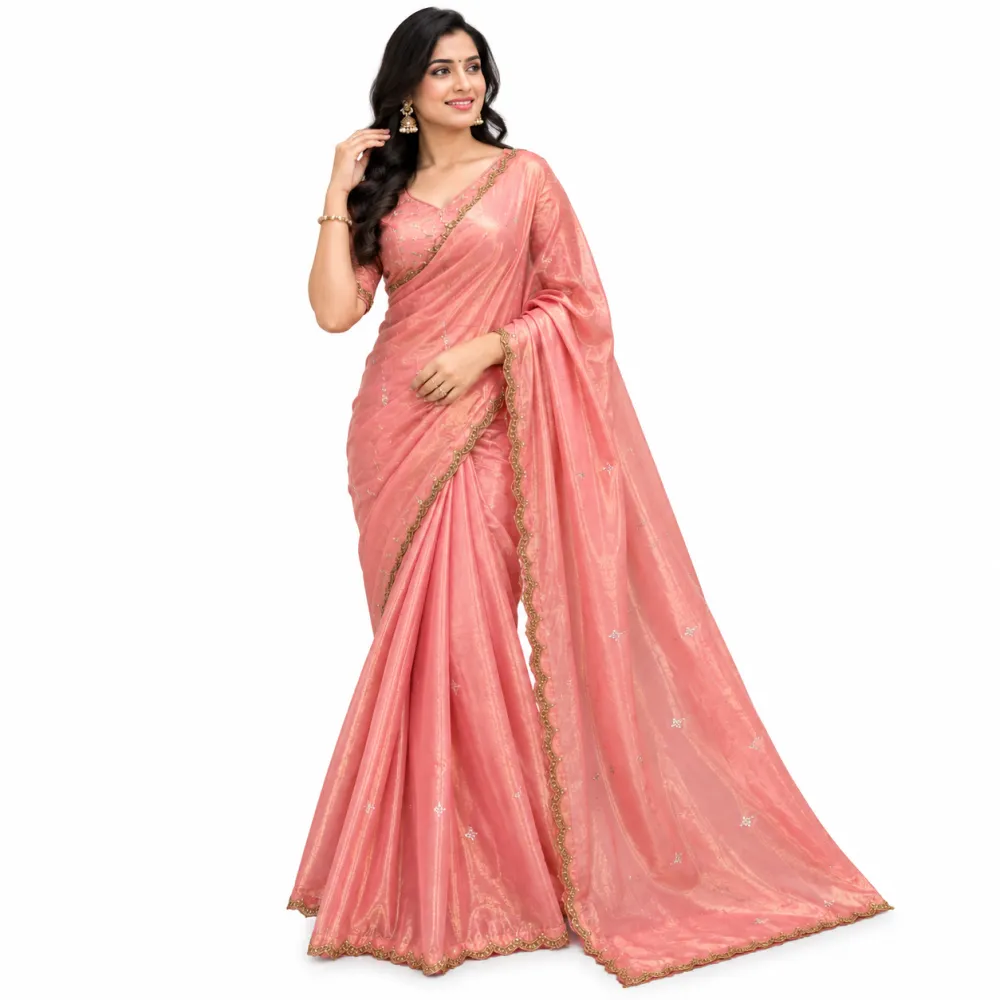 Salmon Pink Designer Fendy Silk Saree with Heavy Hand Work