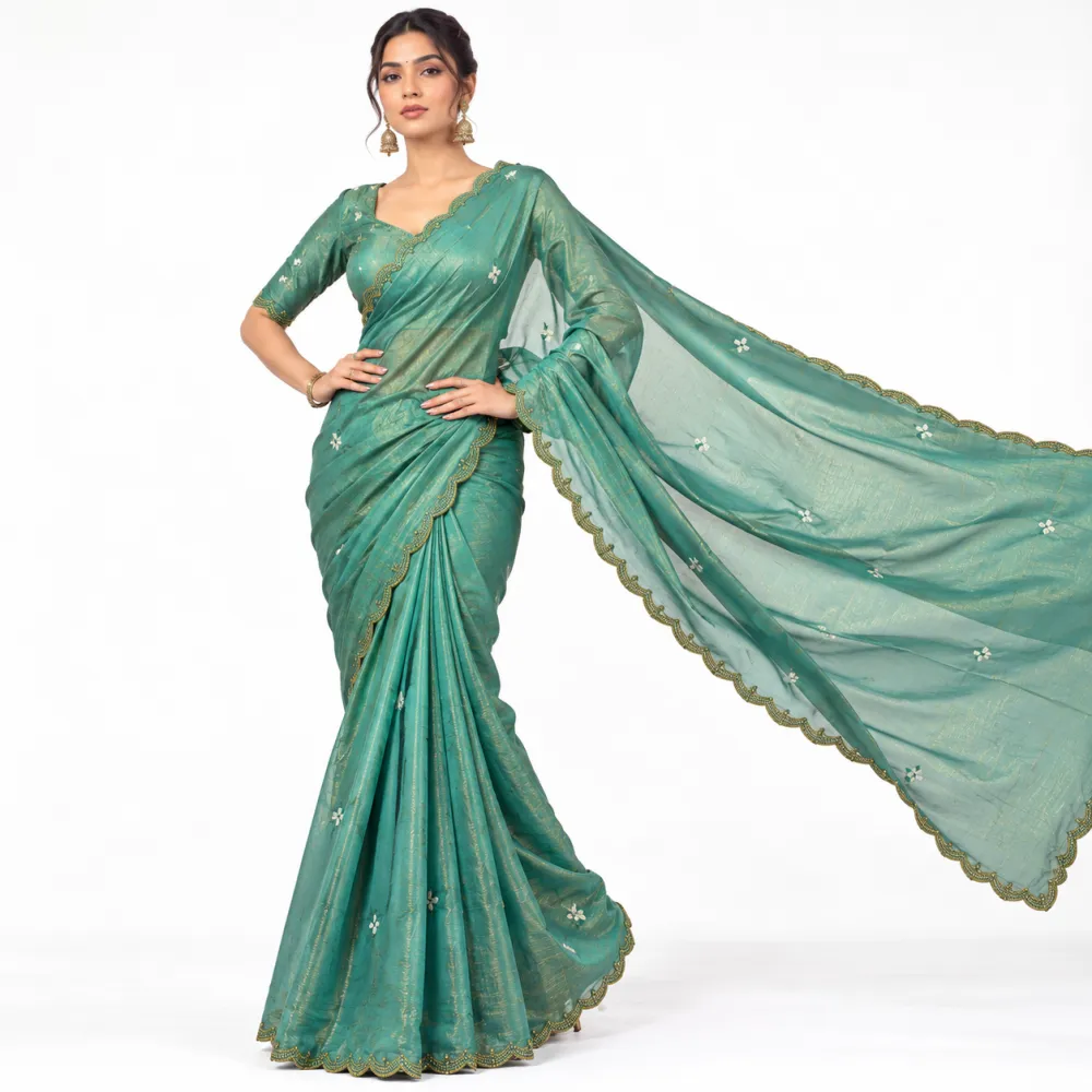 Teal Green Designer Fendy Silk Saree with Heavy Hand Work