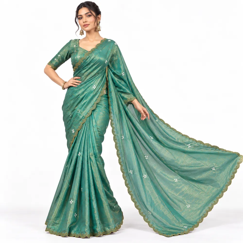 Teal Green Designer Fendy Silk Saree with Heavy Hand Work