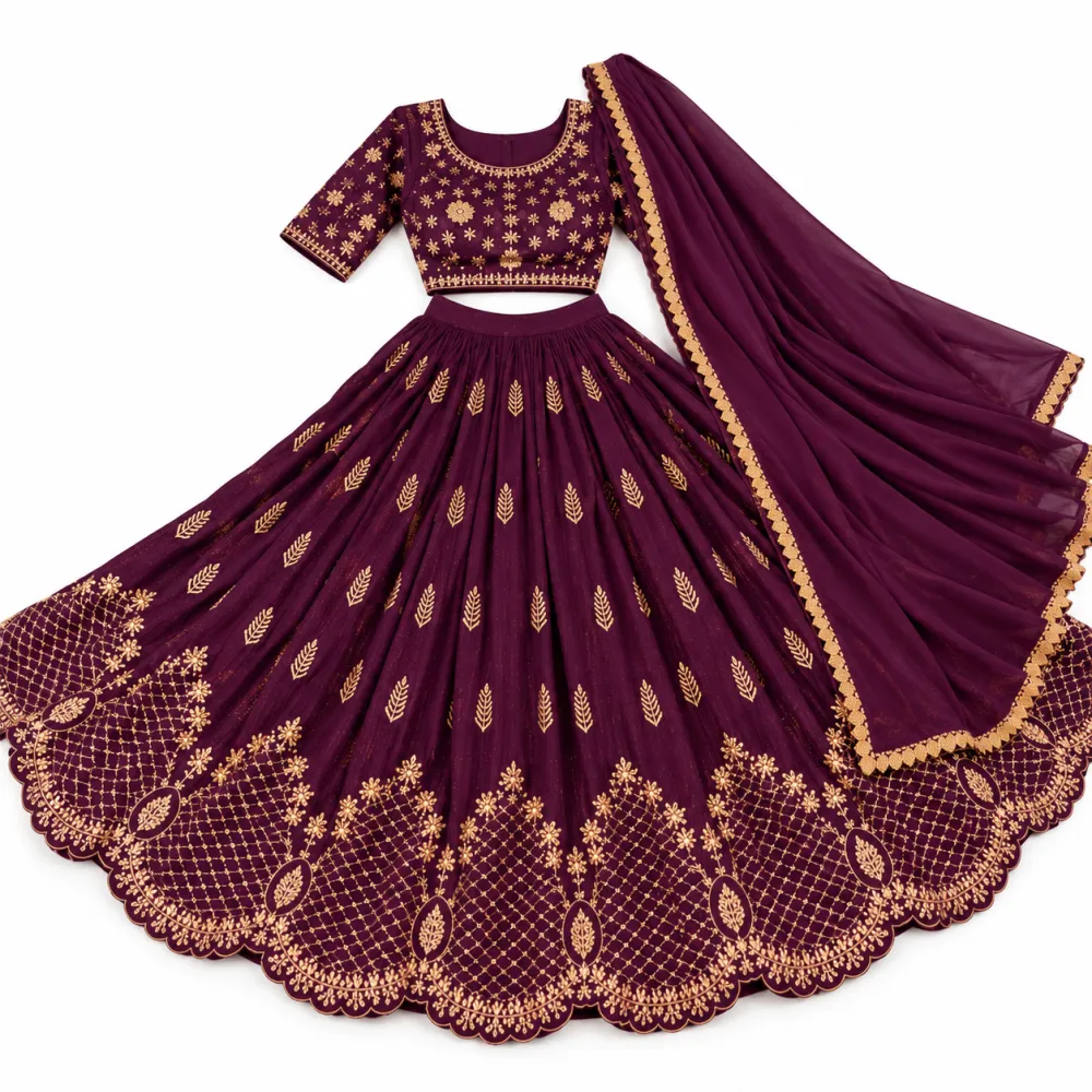 Wine Red Star Georgette Embroidered Lehenga Choli Set