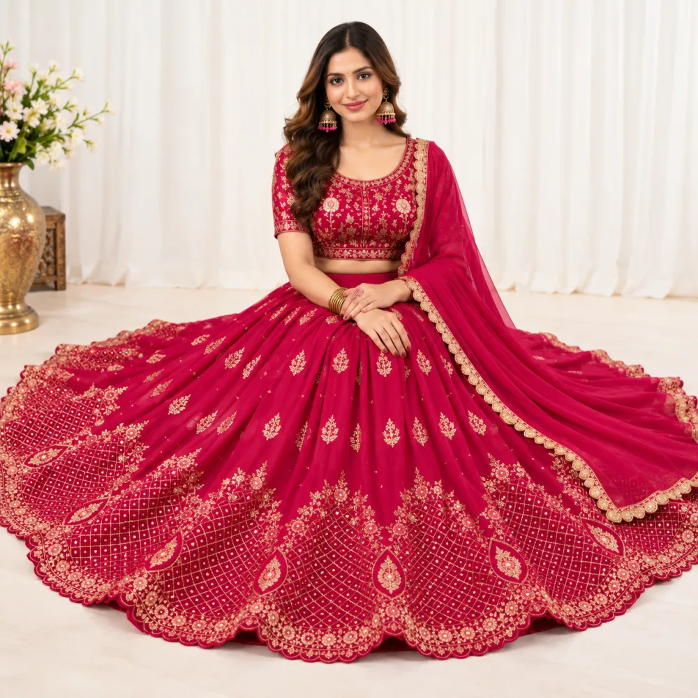 Red Star Georgette Embroidered Lehenga Choli Set