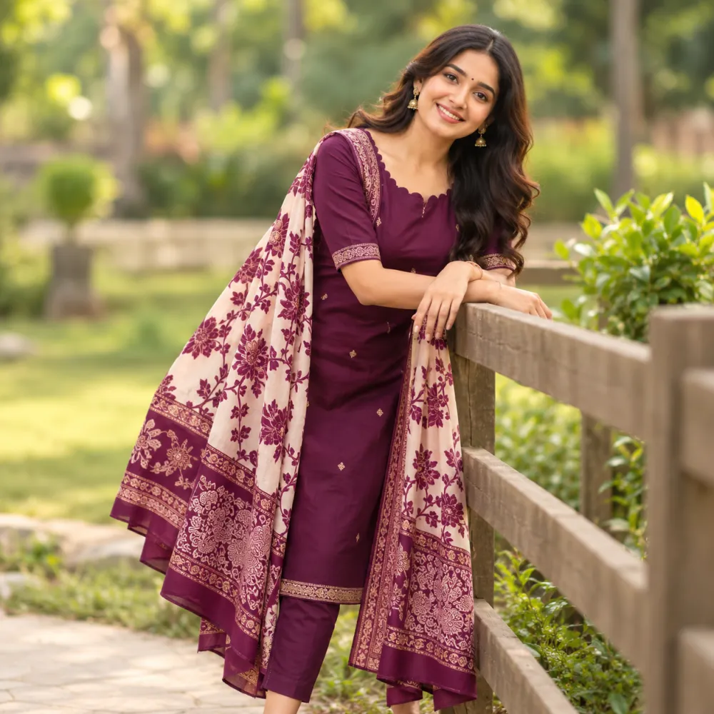 Wine Silk Cotton Suit Set with Chennuri Silk Kalamkari Dupatta