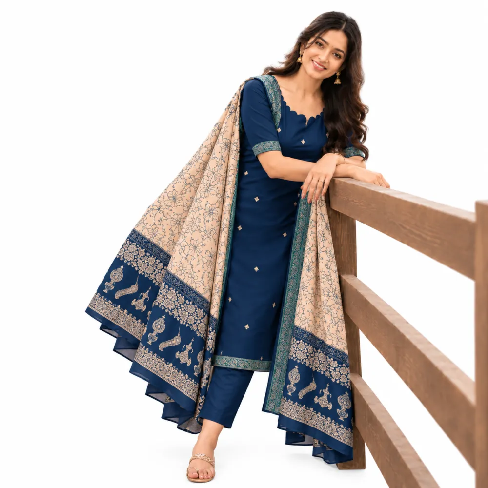Navy Blue Silk Cotton Top with Chennuri Silk Kalamkari Dupatta