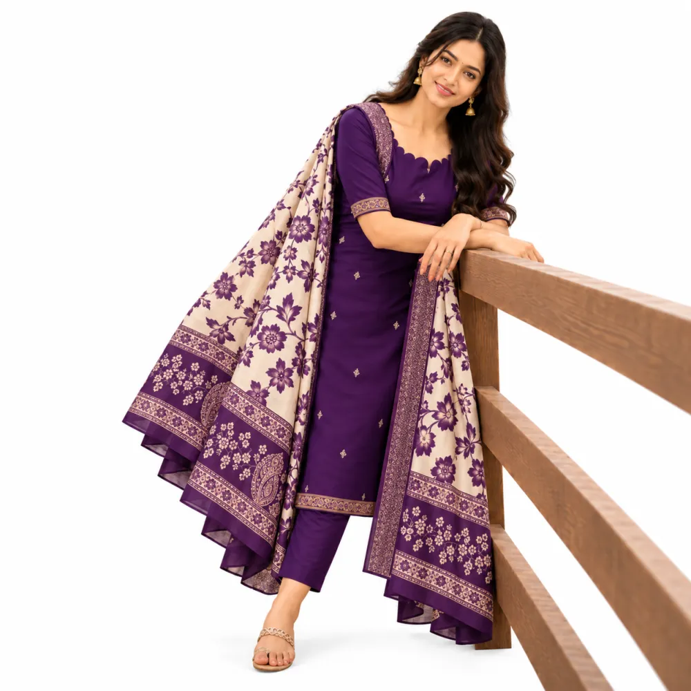 Purple Cotton Top with Chennuri Silk Kalamkari Dupatta