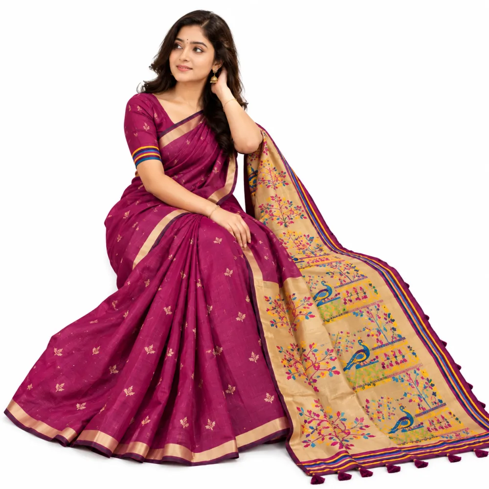 Magenta Jamdani Cotton Saree with Tissue Pallu