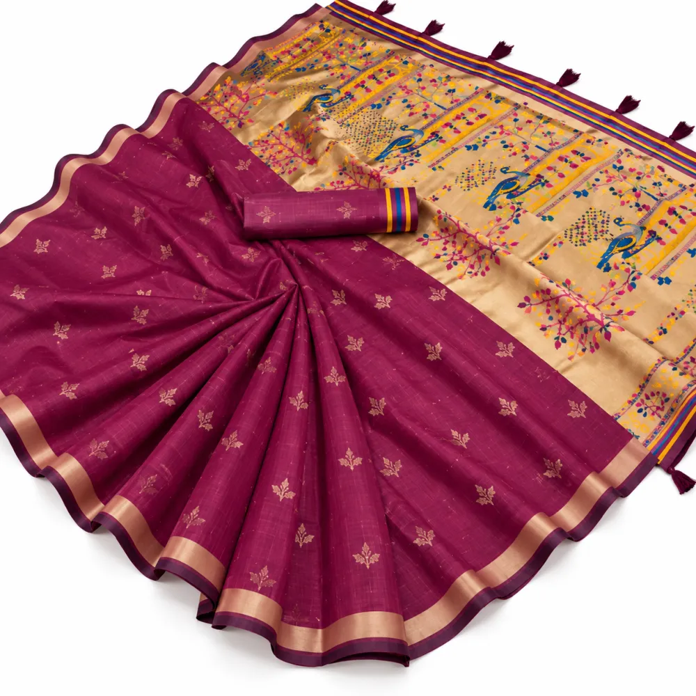 Magenta Jamdani Cotton Saree with Tissue Pallu