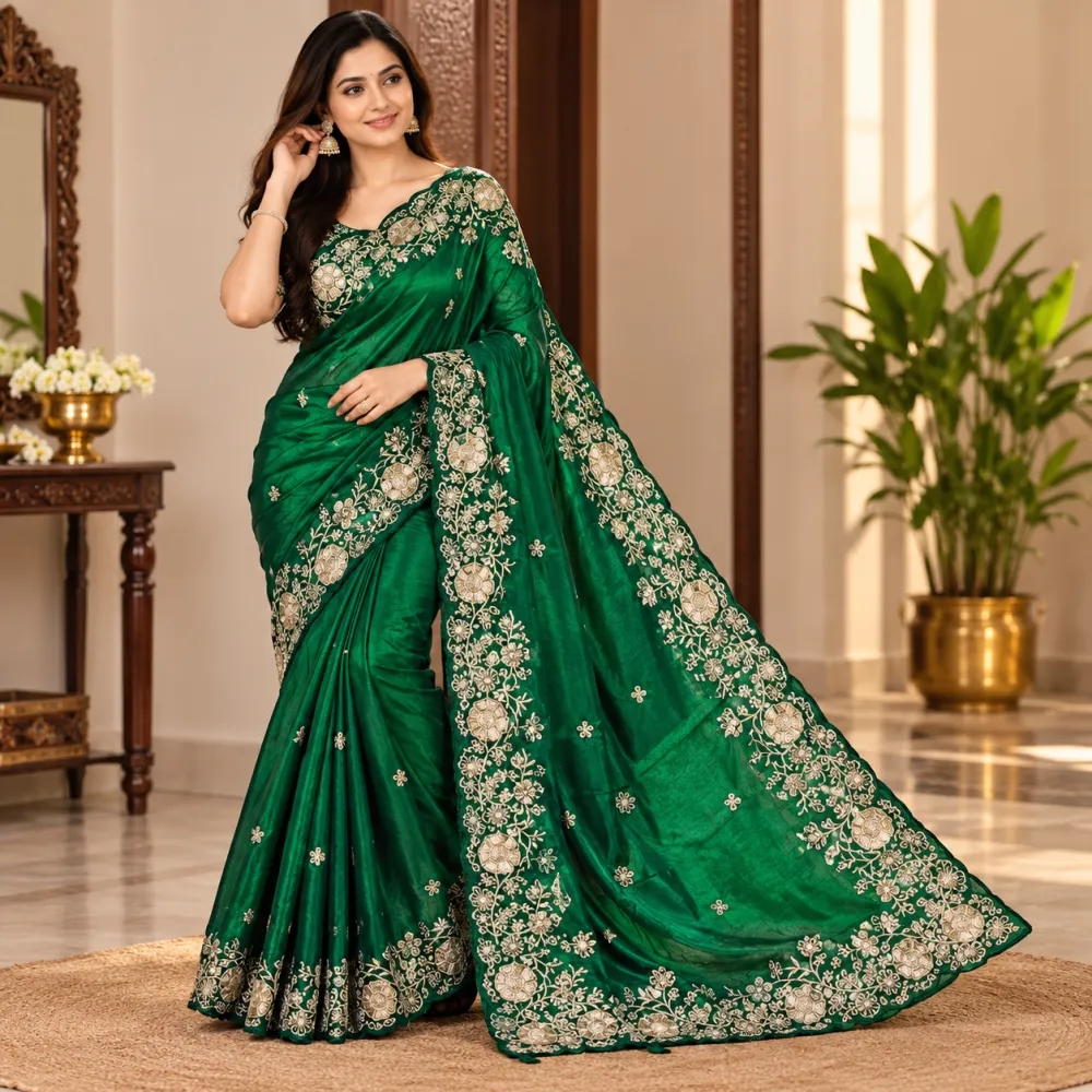 Emerald Green Space Silk Saree with Zari Work