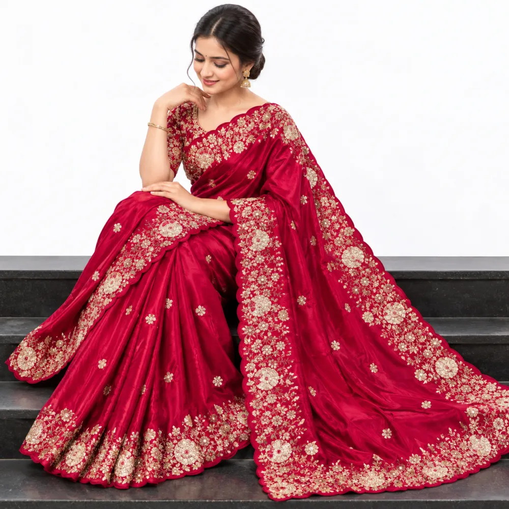 Ruby Red Space Silk Saree with Zari Embroidery