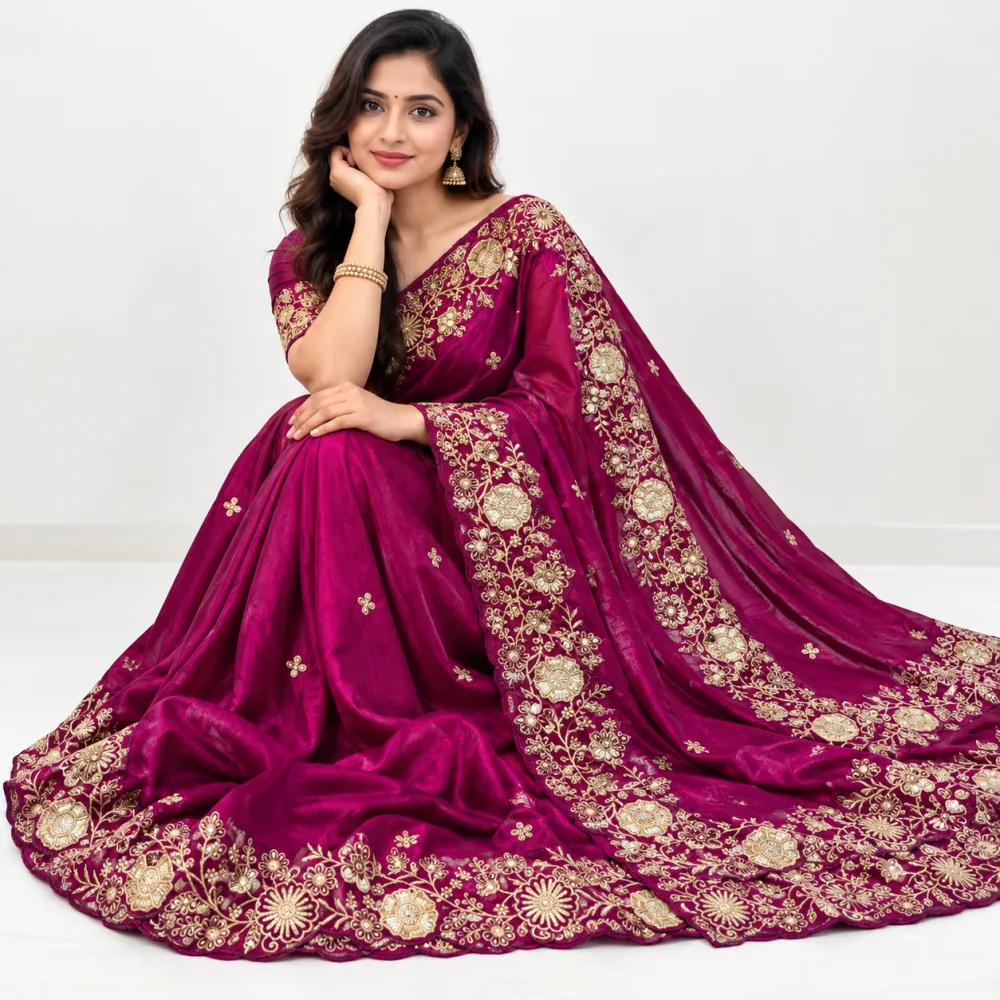 Plum Magenta Space Silk Saree with Zari Embroidery