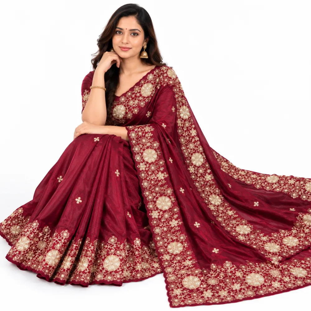 Maroon Space Silk Saree with Gold Zari Embroidery