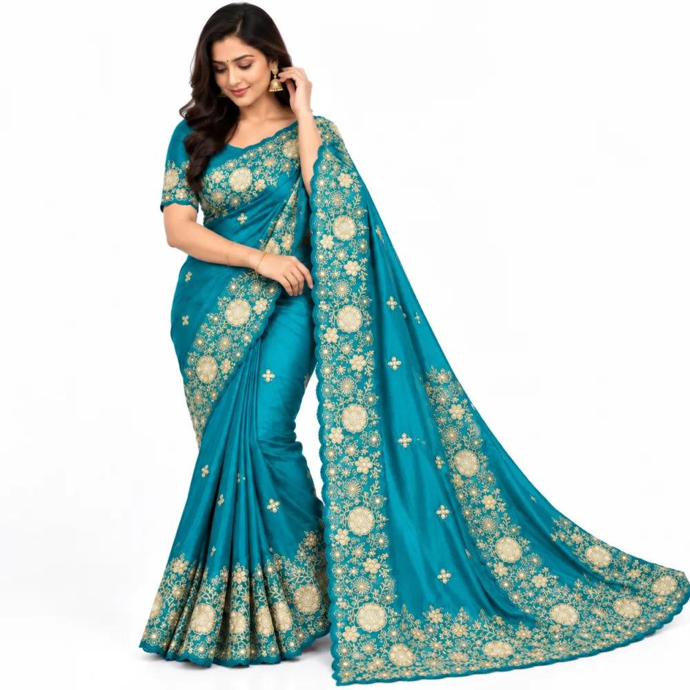 Turquoise Space Silk Saree with Gold Zari Embroidery