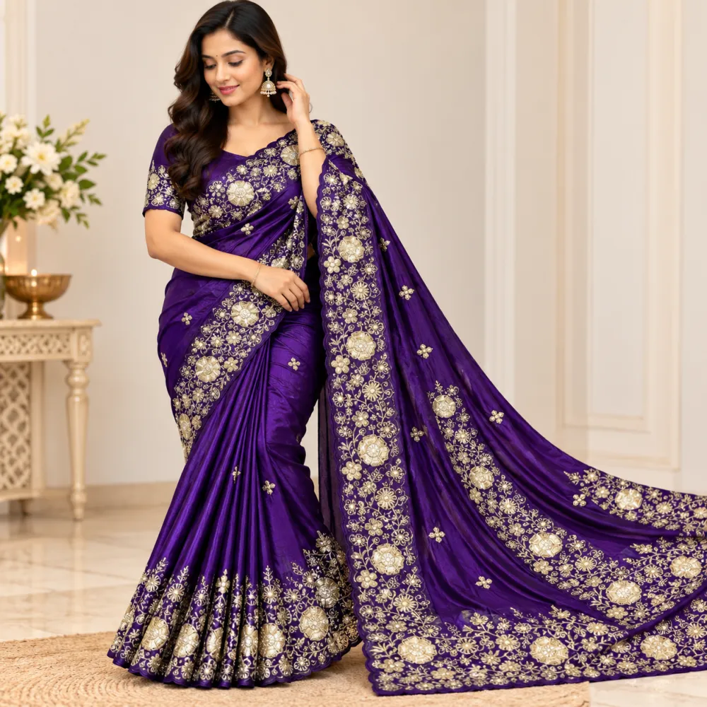 Purple Space Silk Saree with Gold Zari Embroidery