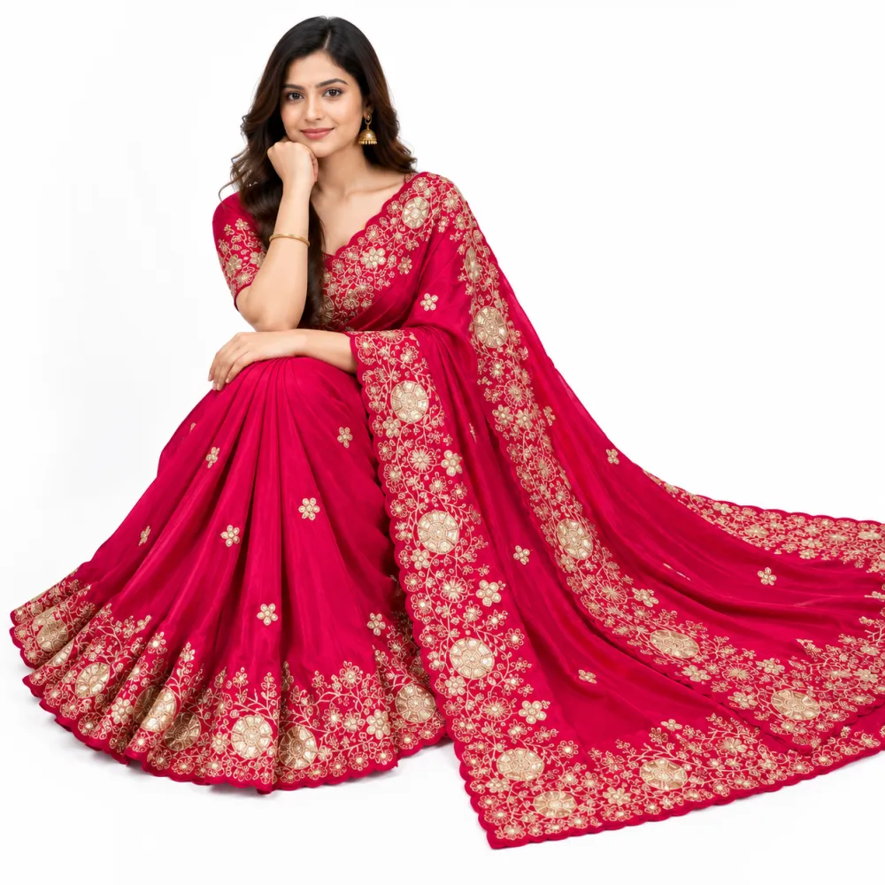 Pink Space Silk Saree with Gold Zari Embroidery