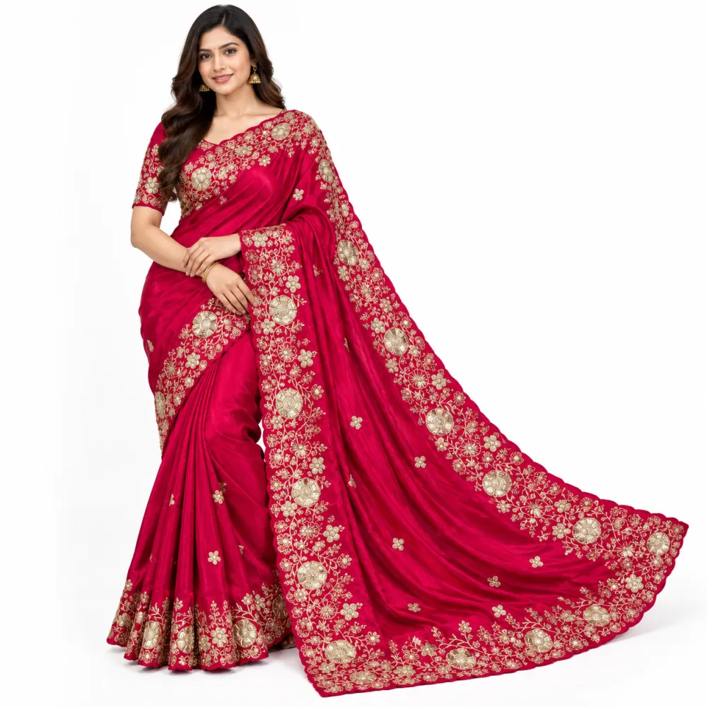 Pink Space Silk Saree with Gold Zari Embroidery