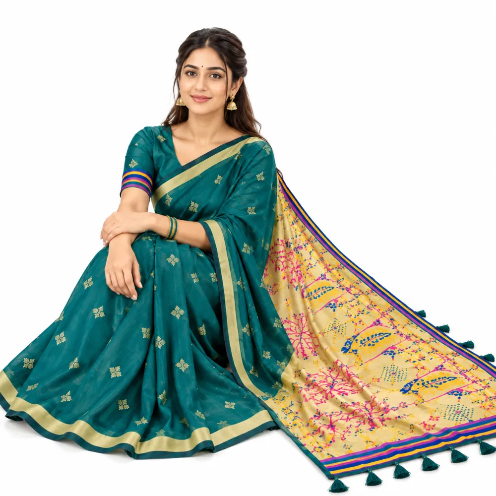 Teal Green Jamdani Cotton Saree with Tissue Pallu