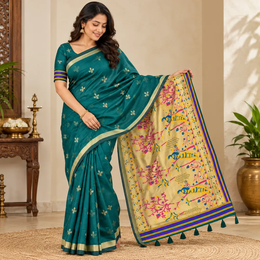Teal Green Jamdani Cotton Saree with Tissue Pallu