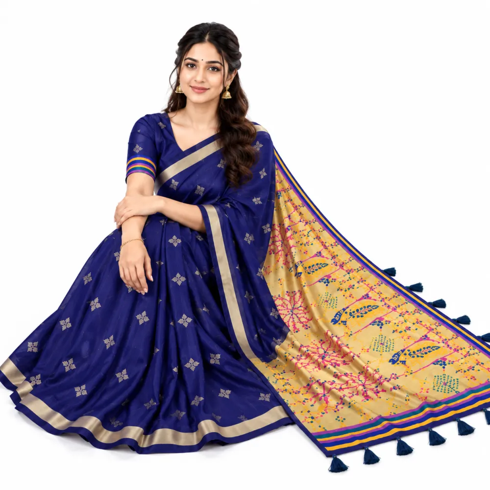 Royal Blue Jamdani Cotton Saree with Tissue Pallu