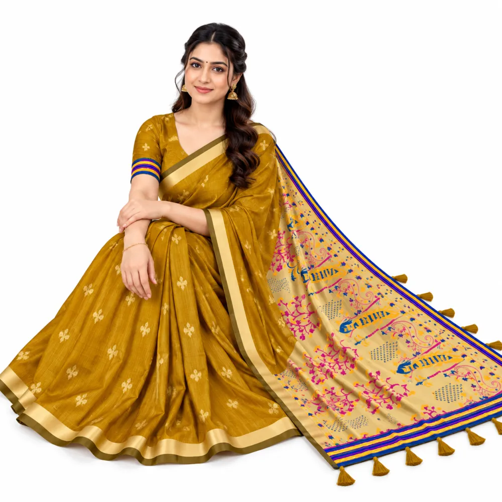 Mustard Yellow Jamdani Cotton Saree with Tissue Pallu