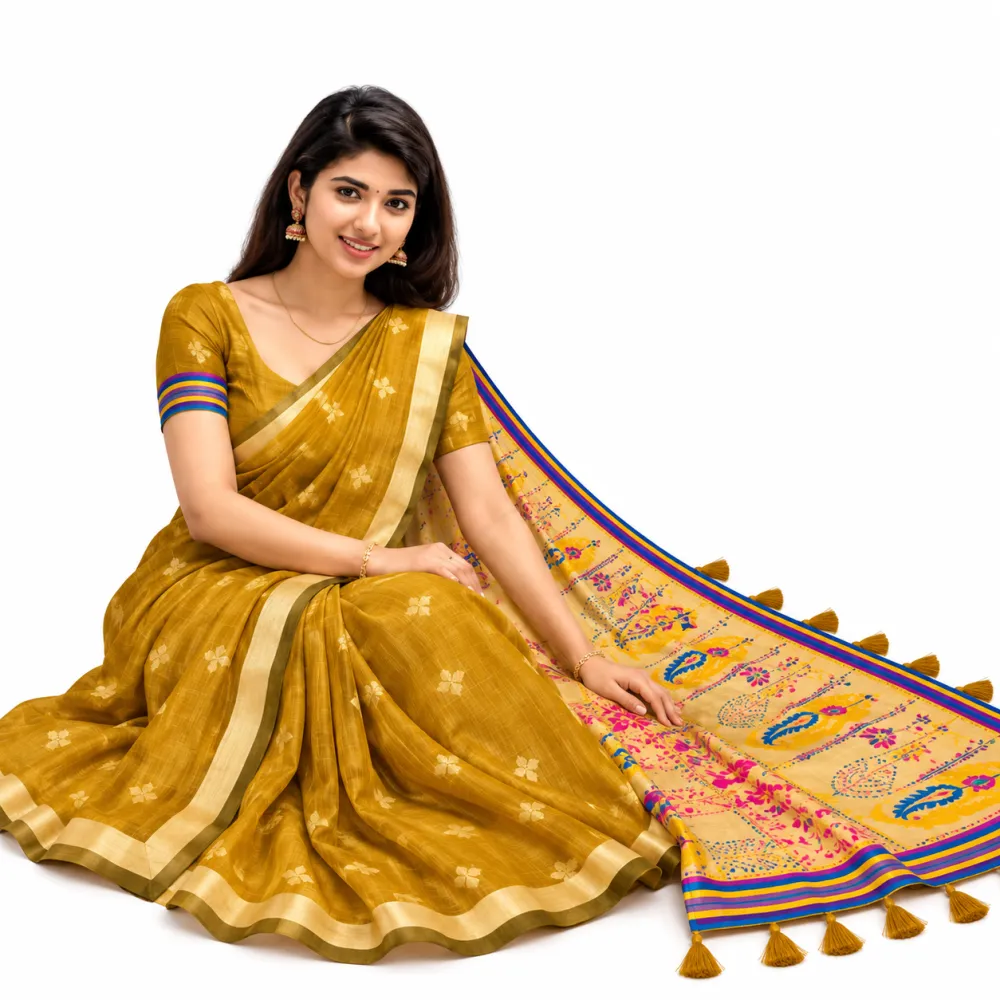 Mustard Yellow Jamdani Cotton Saree with Tissue Pallu