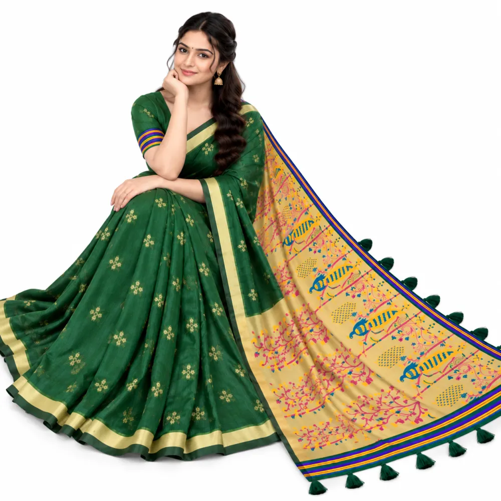 Bottle Green Jamdani Cotton Saree with Tissue Pallu