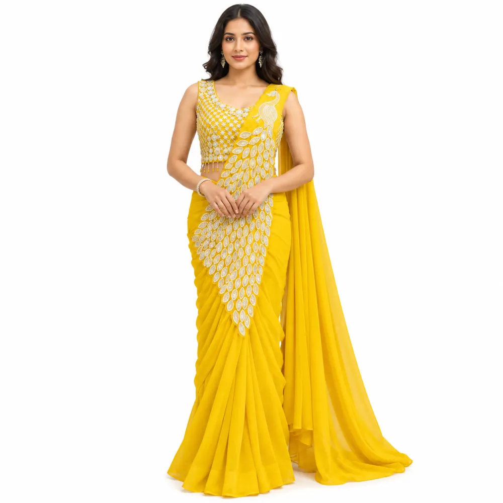 New Super Yellow Heavy Georgette Ready-to-Wear Saree Set with Embroidered Blouse