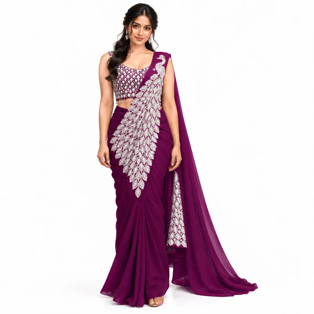 New Super Purple Heavy Georgette Ready-to-Wear Saree with Embroidered Blouse