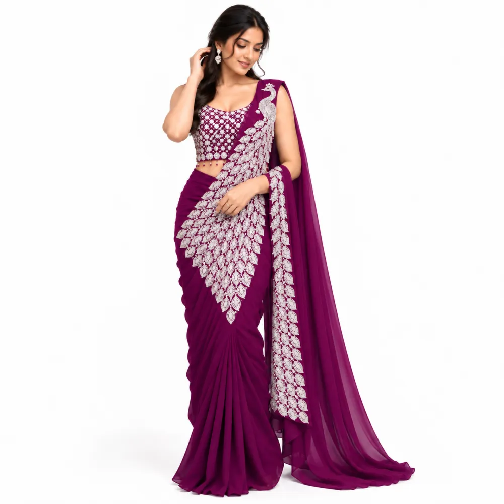 New Super Purple Heavy Georgette Ready-to-Wear Saree with Embroidered Blouse