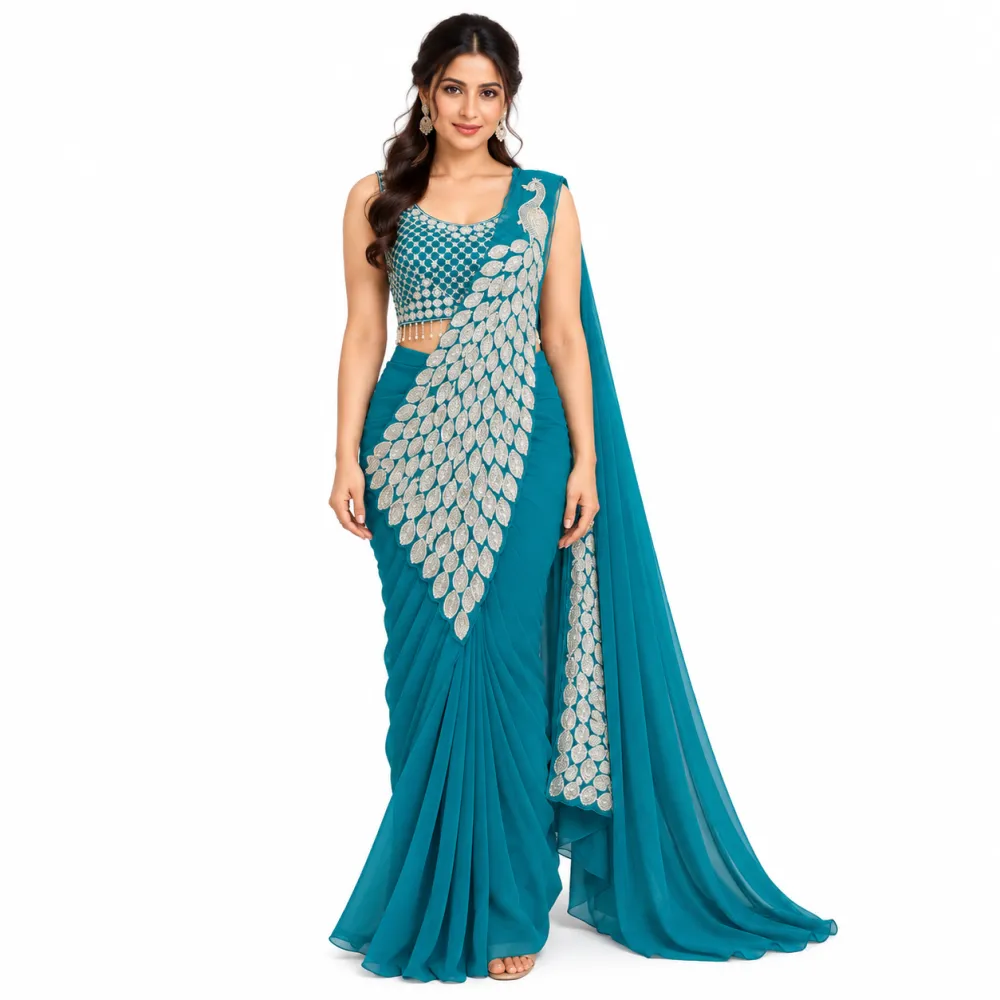 Teal Blue Heavy Georgette Ready-to-Wear Saree with Embroidered Blouse