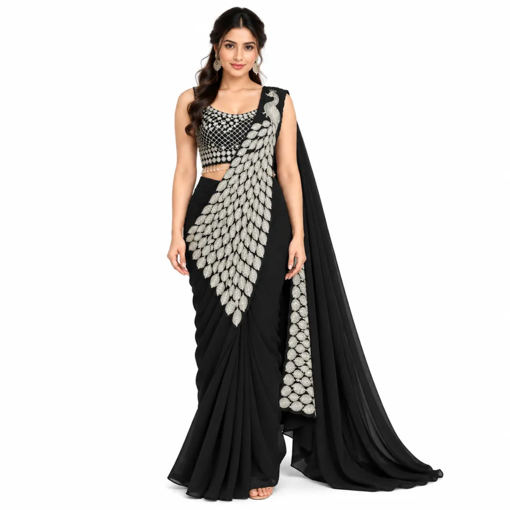 Black Heavy Georgette Ready-to-Wear Saree with Embroidered Blouse