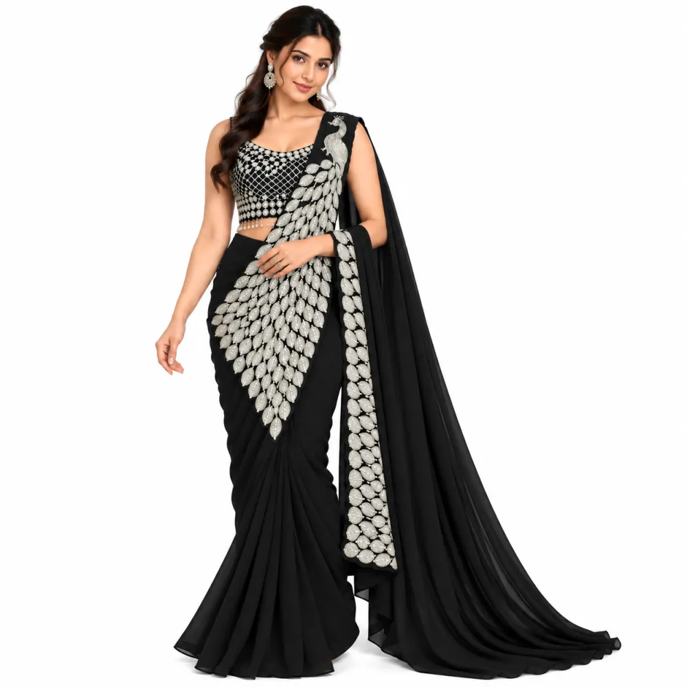 Black Heavy Georgette Ready-to-Wear Saree with Embroidered Blouse