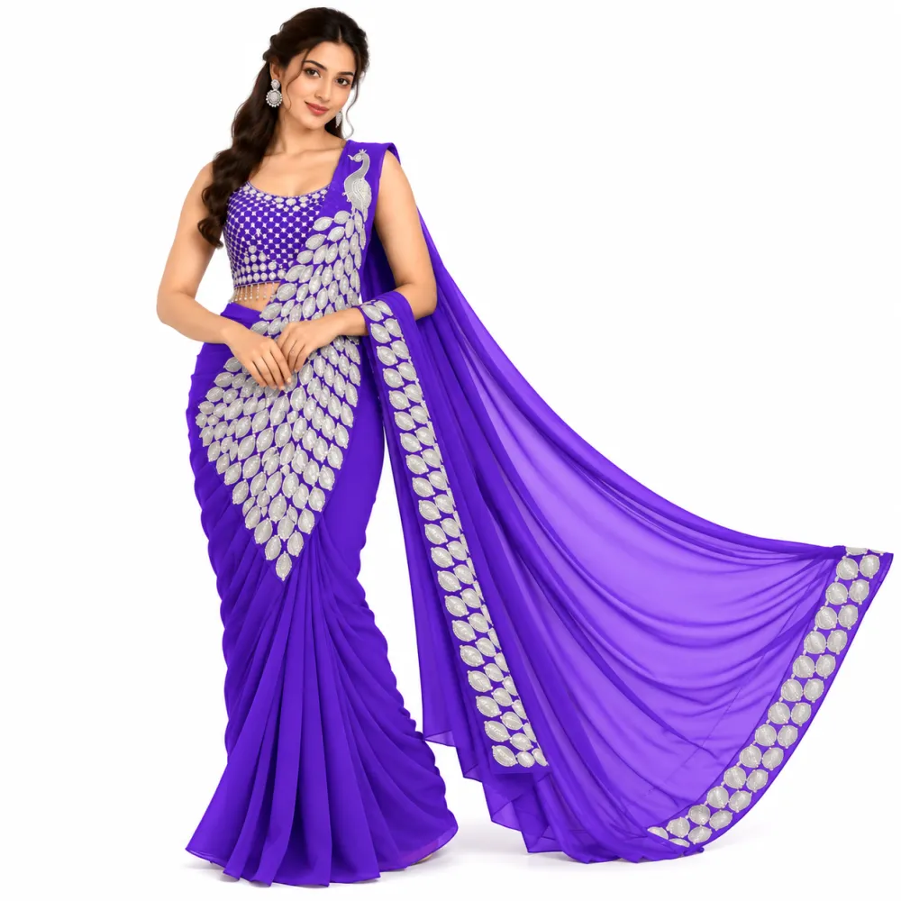 Lavender Heavy Georgette Ready-to-Wear Saree with Embroidered Blouse