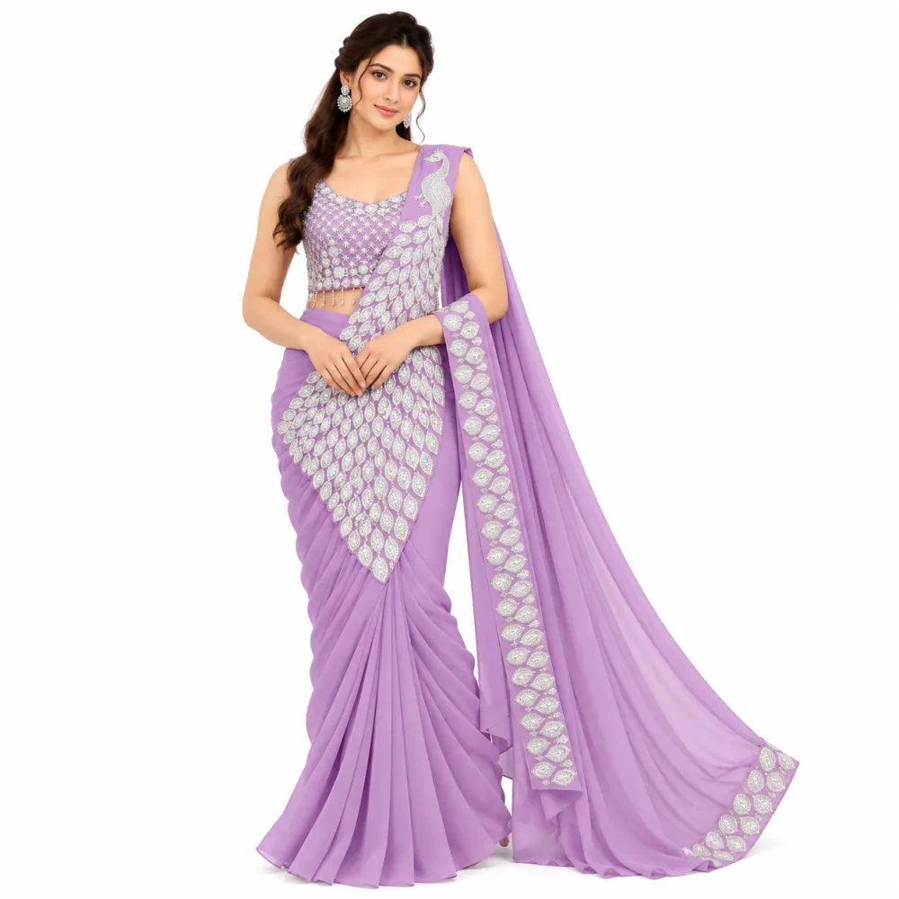 Onion Pink Heavy Georgette Ready-to-Wear Saree with Embroidered Blouse