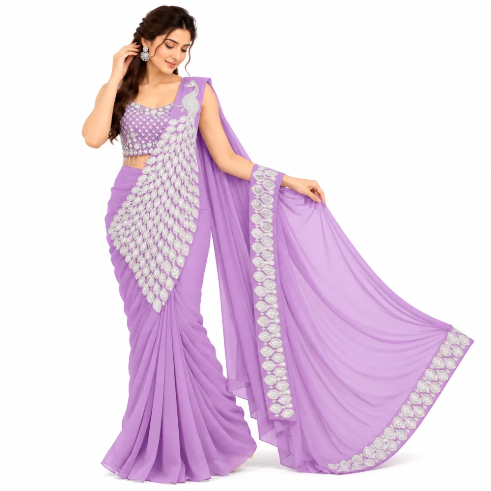 Onion Pink Heavy Georgette Ready-to-Wear Saree with Embroidered Blouse