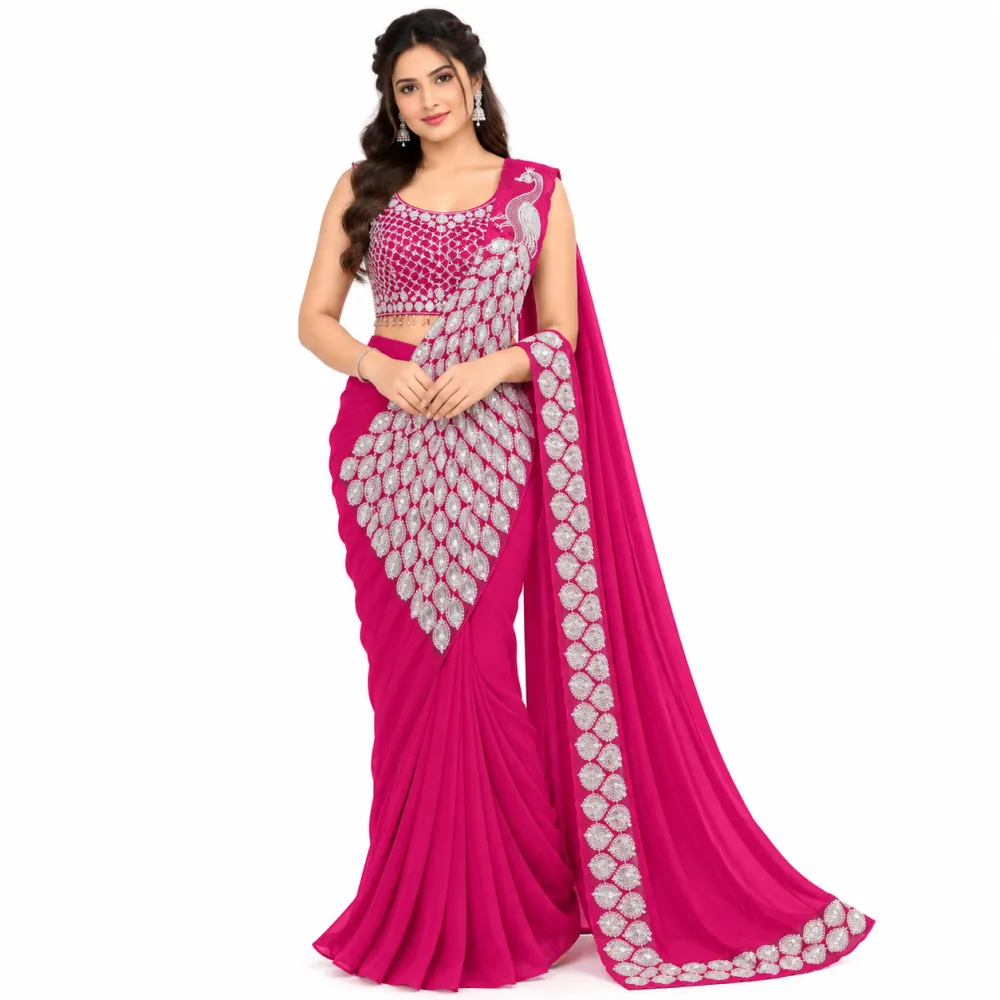 Pink Heavy Georgette Ready-to-Wear Saree with Embroidered Blouse