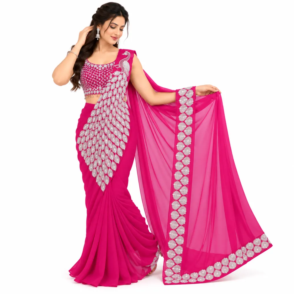 Pink Heavy Georgette Ready-to-Wear Saree with Embroidered Blouse