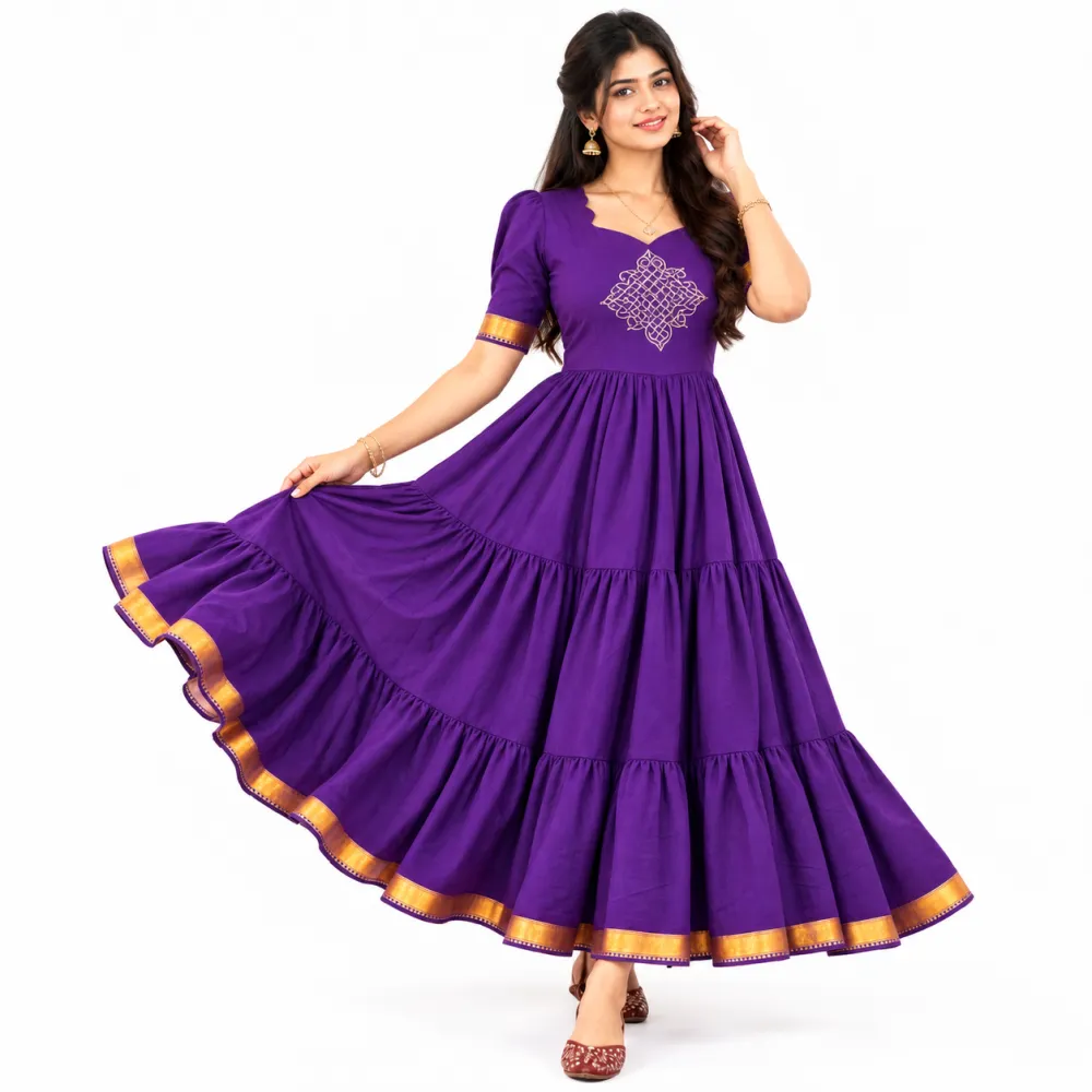 Purple Three-Layer Maxi Gown with Handwork Detailing