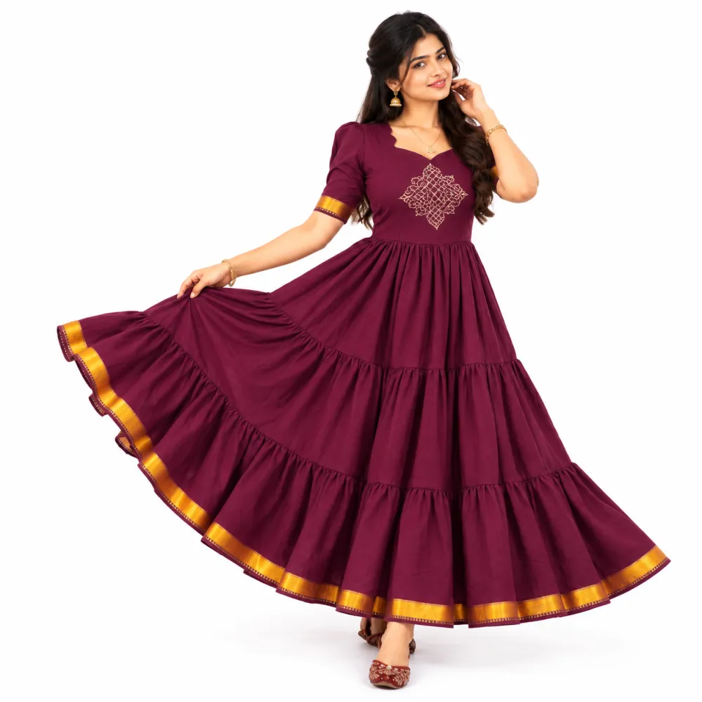 Wine Colour Three-Layer Maxi Gown with Handwork Detailing