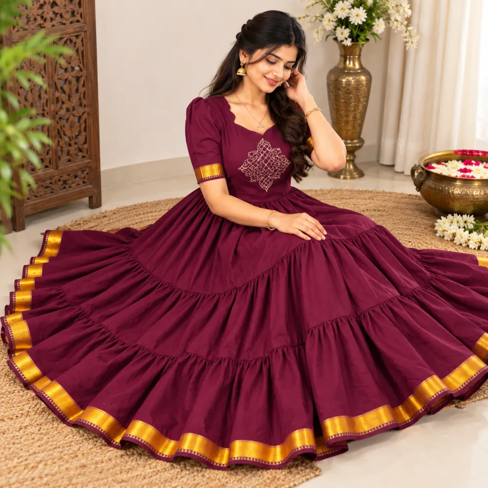 Wine Colour Three-Layer Maxi Gown with Handwork Detailing
