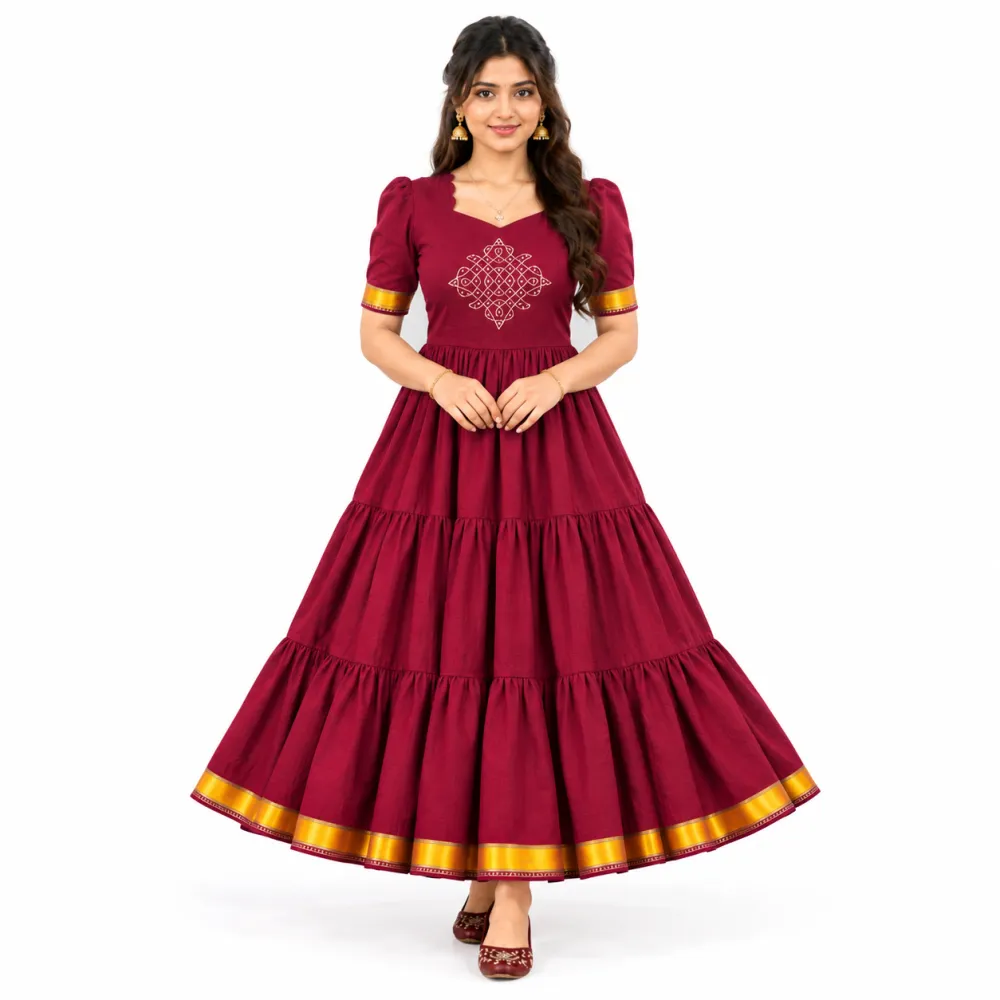 Maroon Three-Layer Maxi Gown with Handwork Detailing