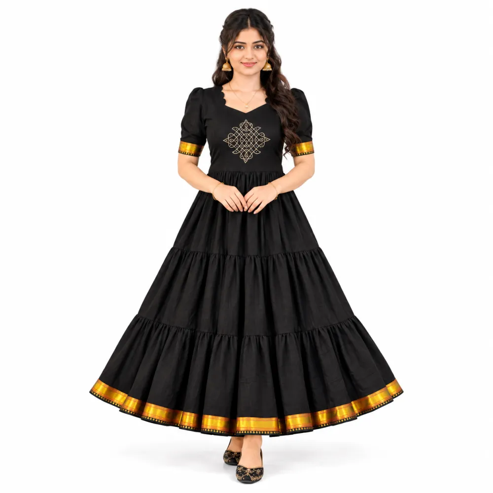 Black Three-Layer Maxi Gown with Handwork Detailing
