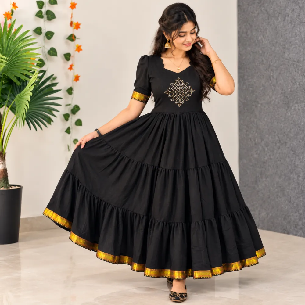 Black Three-Layer Maxi Gown with Handwork Detailing