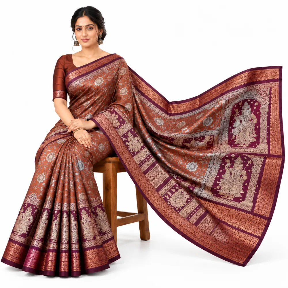 Rust Brown Silk Zari Border Saree for Festive Wear