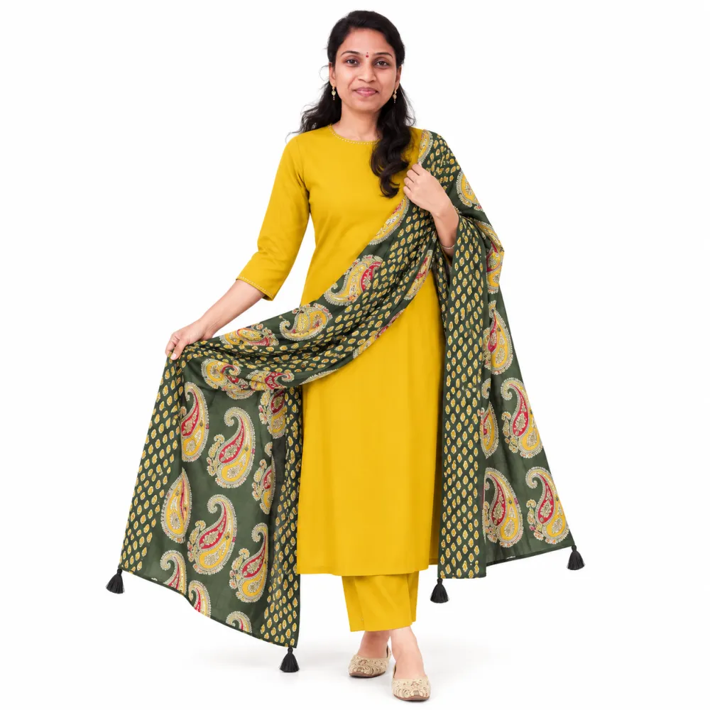 Mustard Yellow Rayon Kurti Pant Dupatta Set with Green Printed Dupatta
