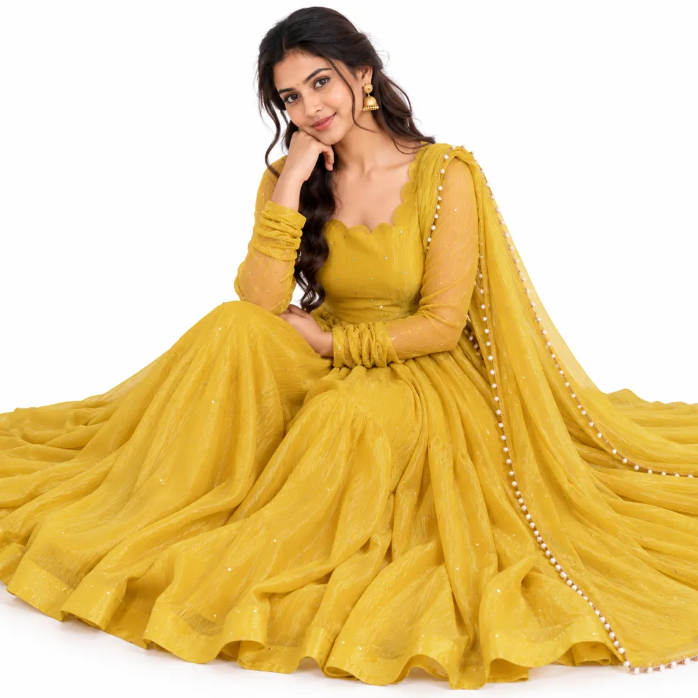 Mustard Yellow Salsa Silk Gown Set with Pant and Dupatta