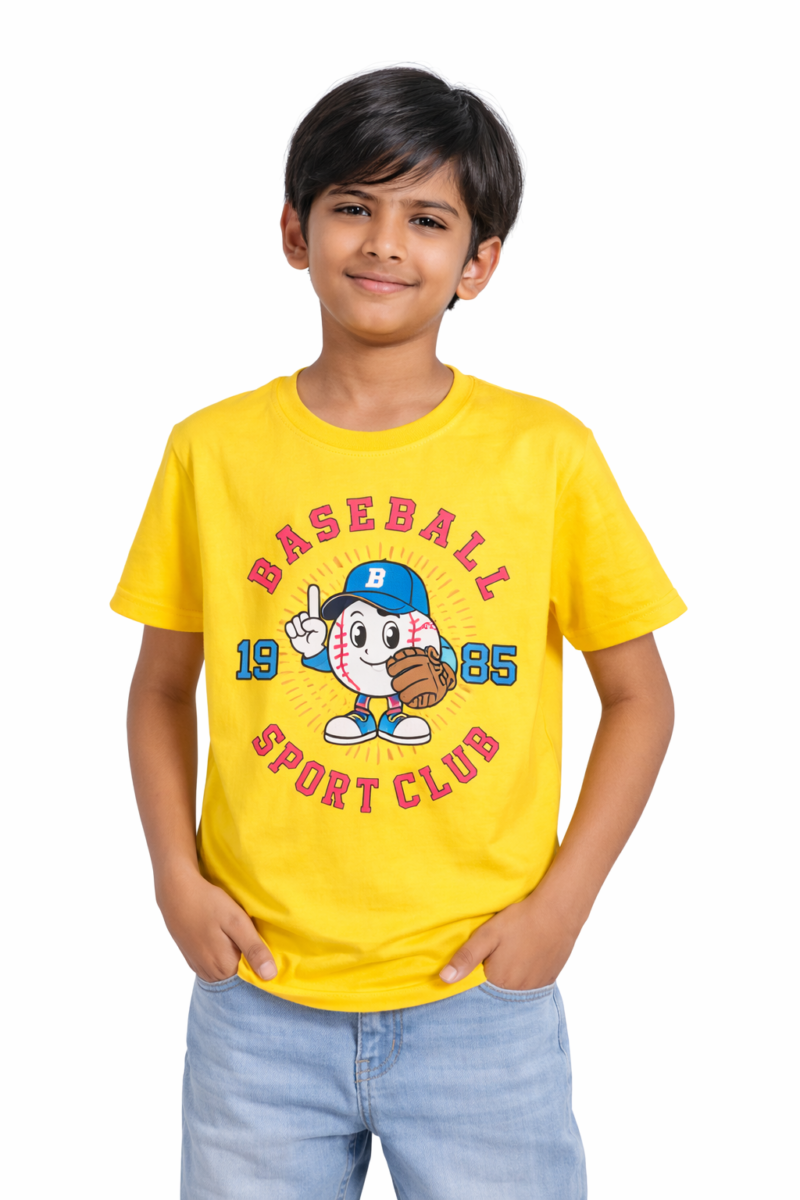 Kids Baseball Sport Club T-Shirt – Amazing 1985 Sports Design for Boys 4-10 Years 4 Kids Baseball Sport Club T-Shirt yellow casual cotton T-shirt for boys with baseball graphic print