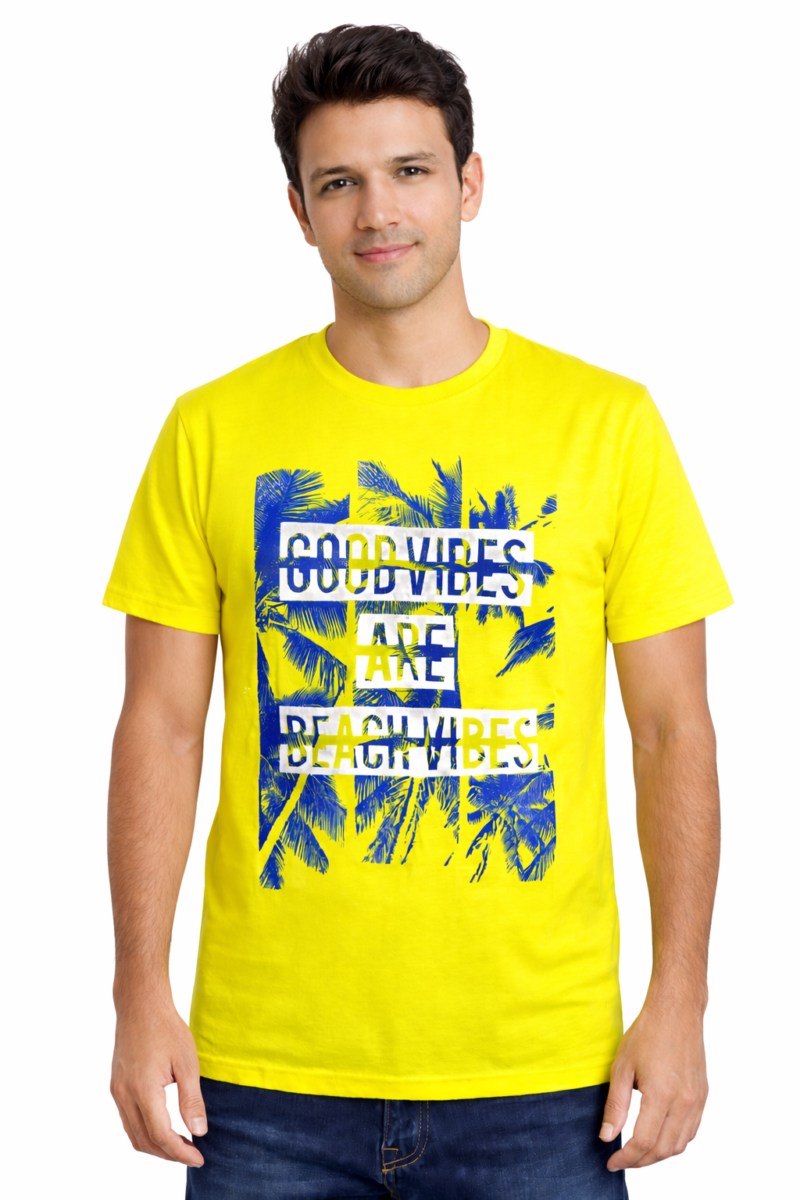 Neon Yellow Beach Vibes Men's T-Shirt – Premium Cotton Casual Round Neck Graphic Tee for Men | Available in 2 Sizes S & M 5 Neon Yellow Beach Vibes Men's T-Shirt with tropical graphic print round neck casual wear for men