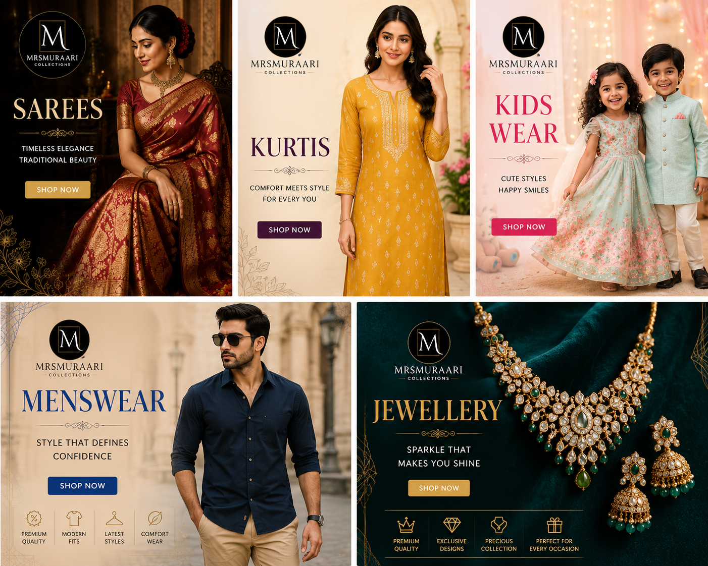 MrsMuraari Collections online fashion store featuring sarees, kurtis, men's wear, kids wear, jewellery and accessories