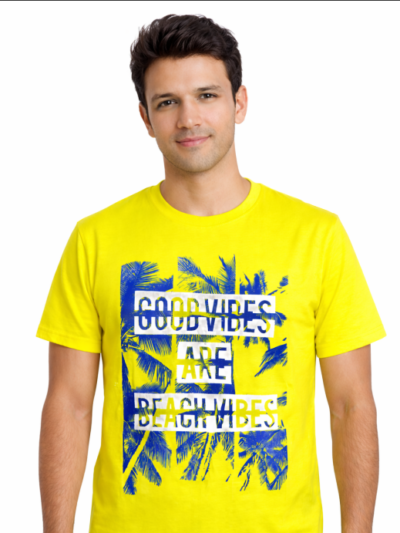 Shop by Category 20 Neon Yellow Beach Vibes Men's T-Shirt with tropical graphic print round neck casual wear for men
