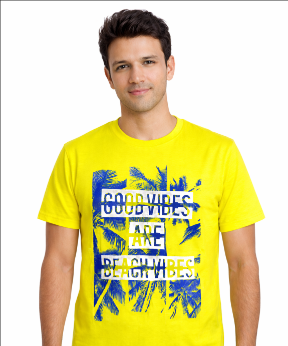Neon Yellow Beach Vibes Men's T-Shirt – Premium Cotton Casual Round Neck Graphic Tee for Men | Available in 2 Sizes S & M 4 Neon Yellow Beach Vibes Men's T-Shirt with tropical graphic print round neck casual wear for men